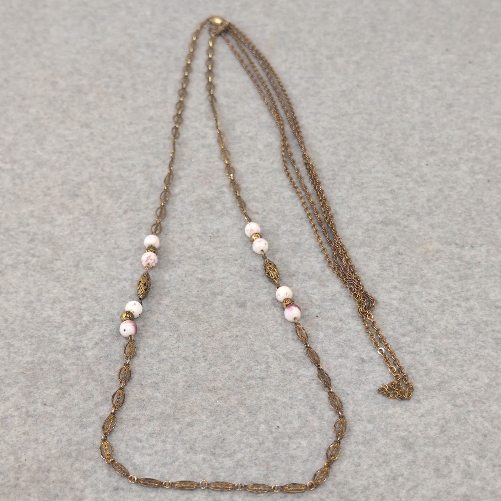 Vintage Gold Tone Filigree Chain Necklace with White Pink Beads Accents - Picture 1 of 4